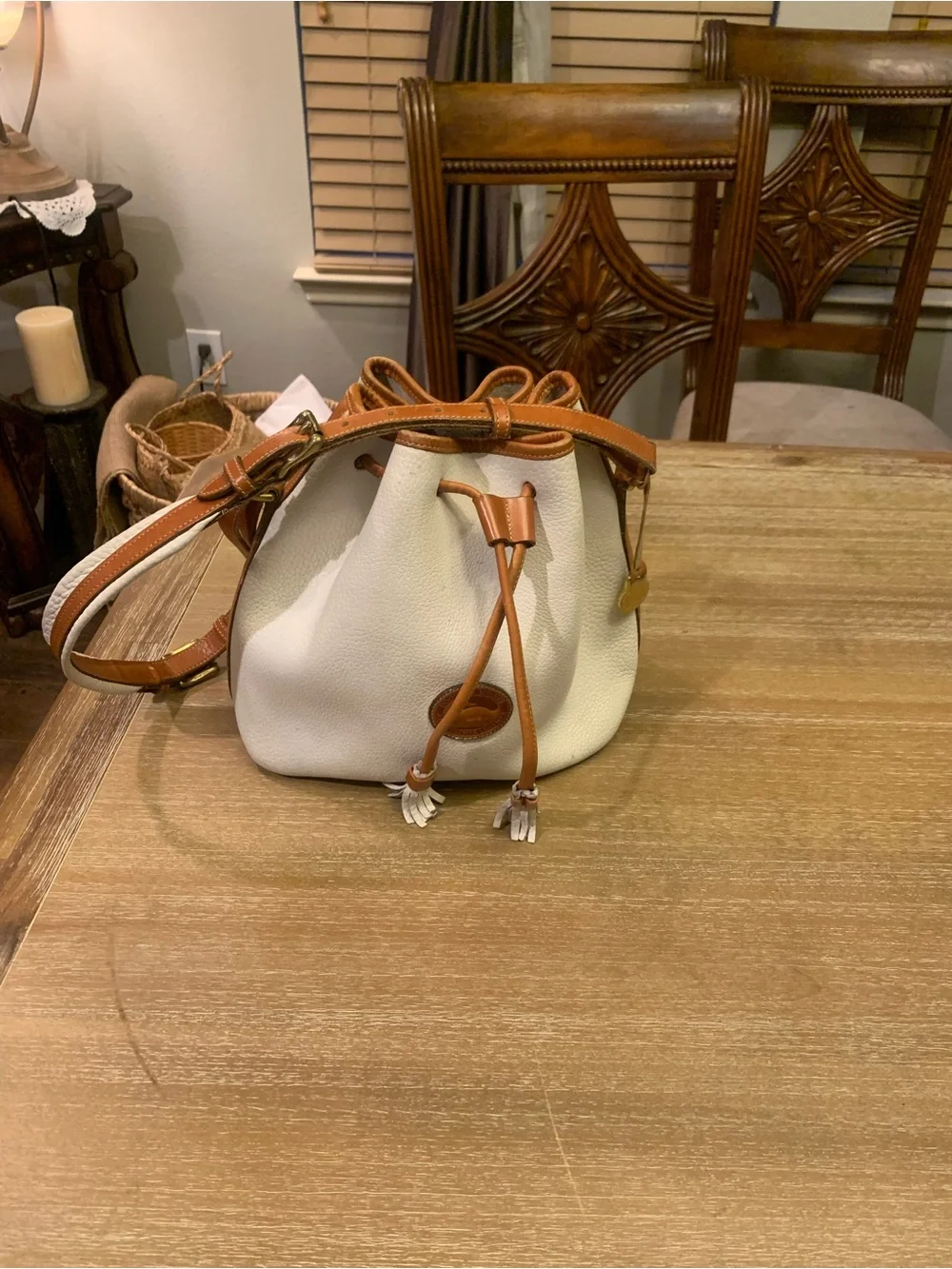 Vintage Dooney & Burke White and Brown Drawstring Bucket Bag with Tassel Accent - Picture 1 of 15